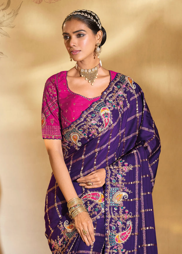 Traditional Purple Designer Embroidered Silk Saree