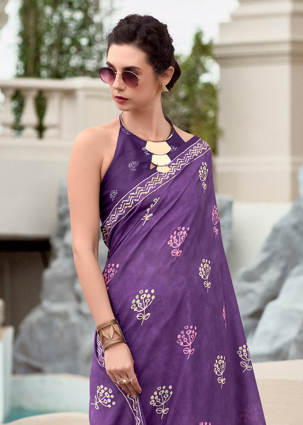 Magic Purple Printed Cotton Silk Saree