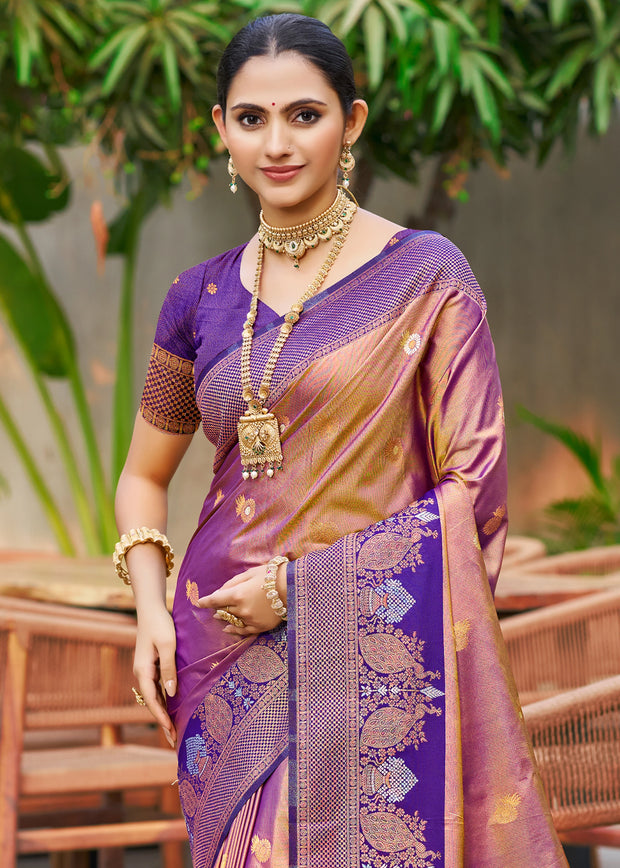 Orange Purple Dual Tone Woven Banarasi Silk Saree