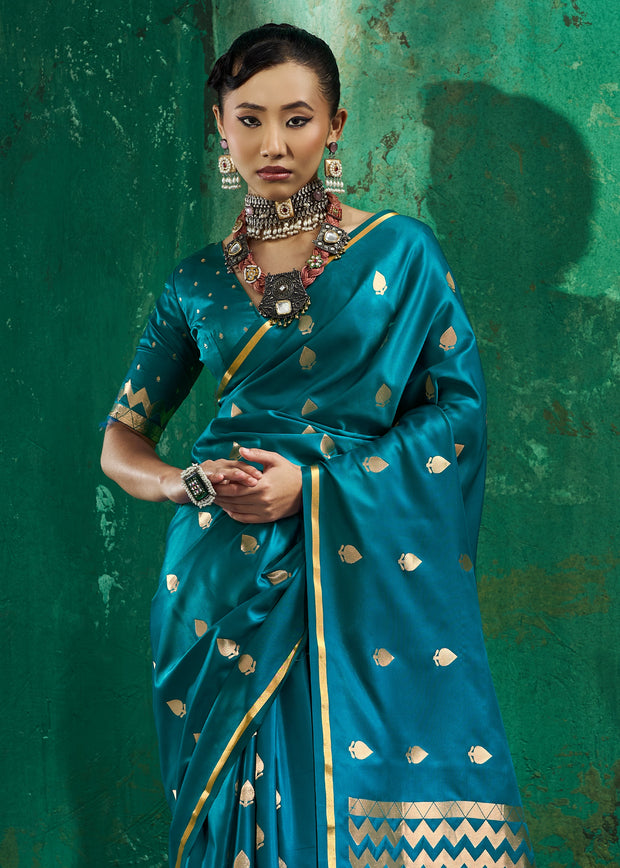 Teal Blue Woven Banarasi Satin Silk Saree
