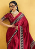 Red Satin Silk Saree with Ajrakh Printed Pallu and Blouse