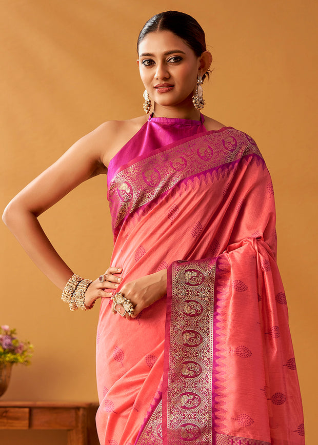 Peach Pink Woven Banarasi Cotton Silk Saree