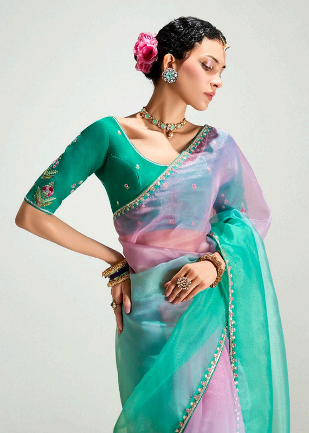 Aqua Green Ombre Designer Tissue Saree With Embroidered Blouse