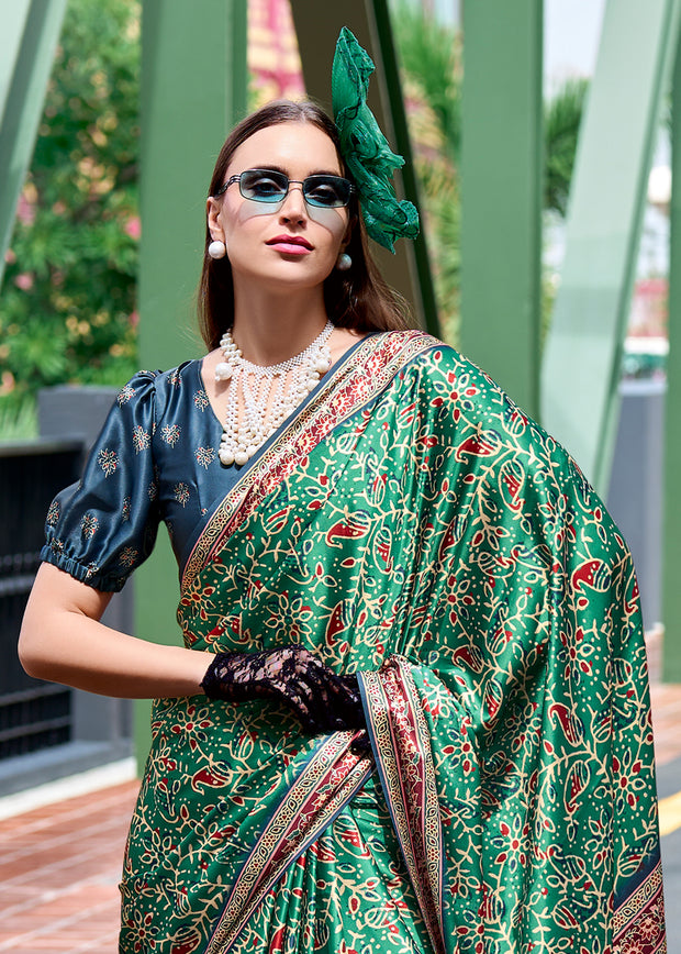 Aspen Green Satin Crepe Digital Printed Saga Saree With Contrast Blouse