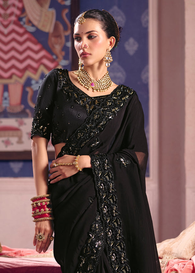 Jet Black Embroidered Tissue Designer Saree