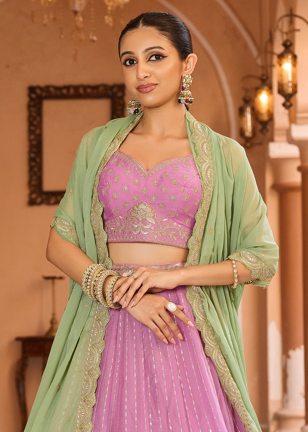 Pink Tissue Embroidered Semi-Stitched Lehenga