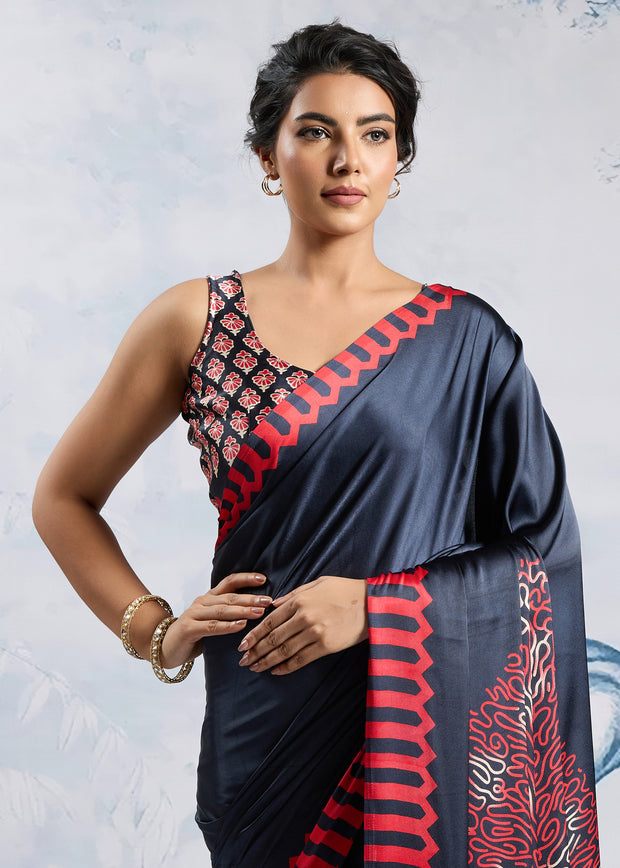 Jet Black Satin Silk Saree with Ajrakh Printed Pallu and Blouse