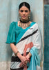 Sea Blue Satin Crepe Printed Silk Saree
