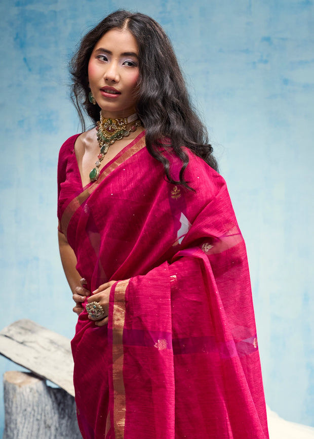 Magenta Pink Woven Cotton Silk Saree
