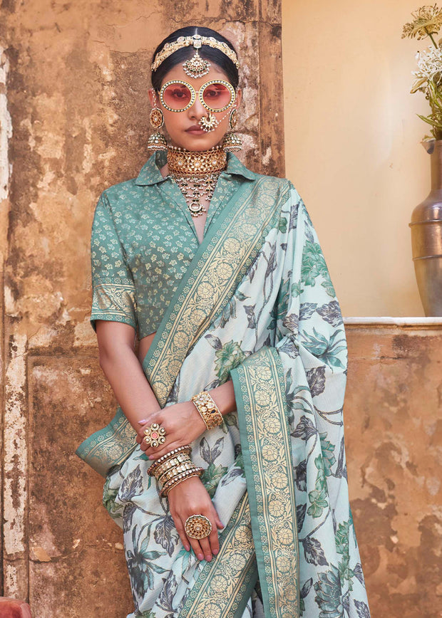 Dusky Green Floral Printed Silk Saree With Contrast Border
