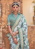 Dusky Green Floral Printed Silk Saree With Contrast Border