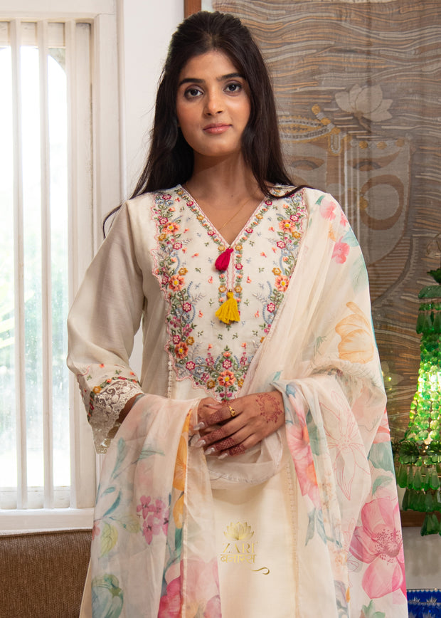 Ivory Bloom Embroidered Silk Suit Set (10702894825665)