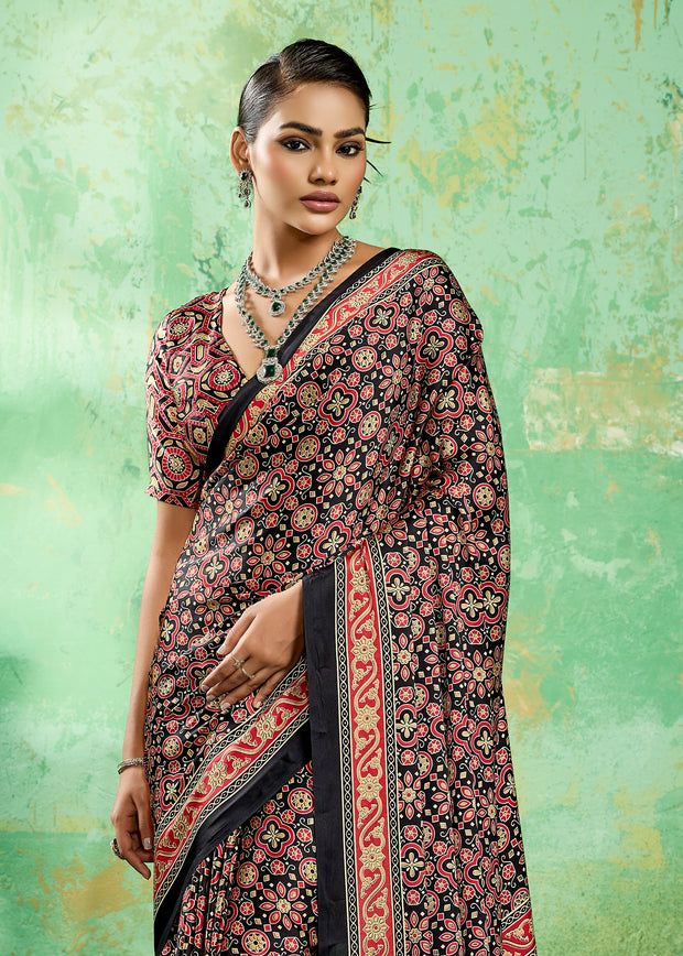 Black And Red Printed Satin Silk Saree