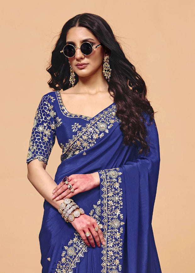 Ultramarine Blue Embroidered Designer Tissue Saree