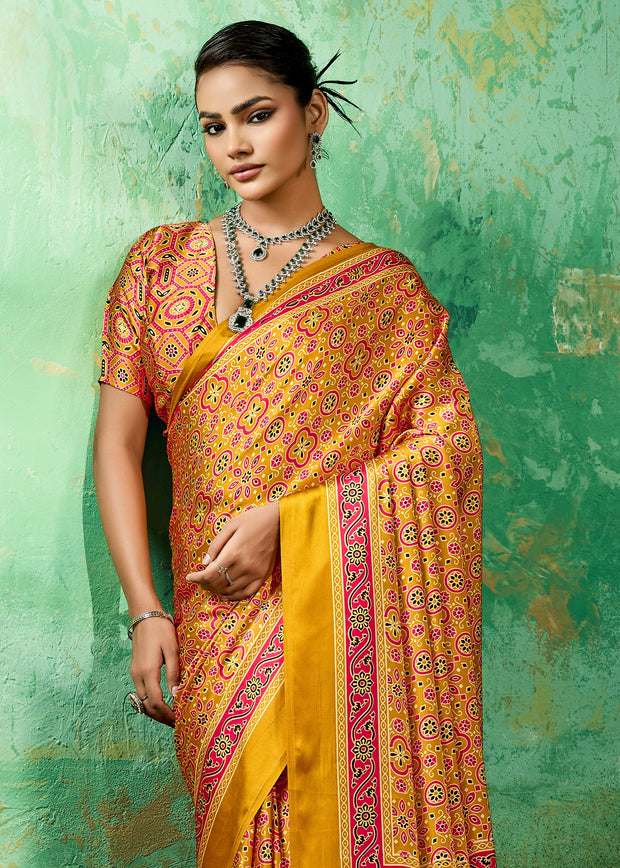 Yellow Printed Satin Silk Saree