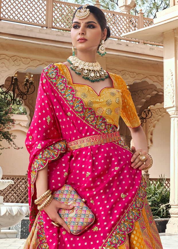 Yellow & Pink Banarasi Silk Embroidered Lehenga