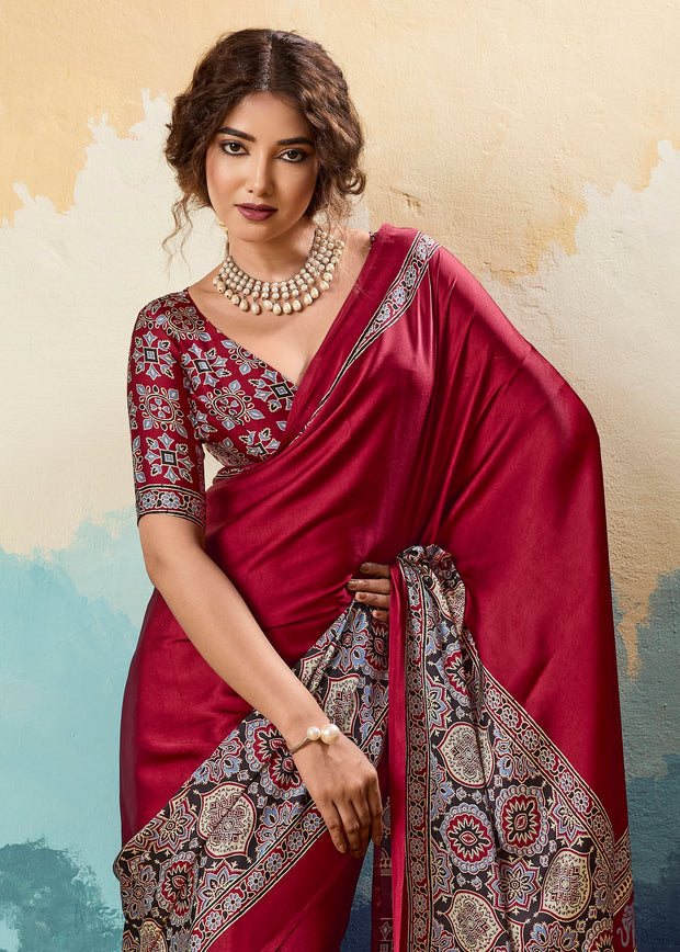 Maroon Printed Satin Silk Saree