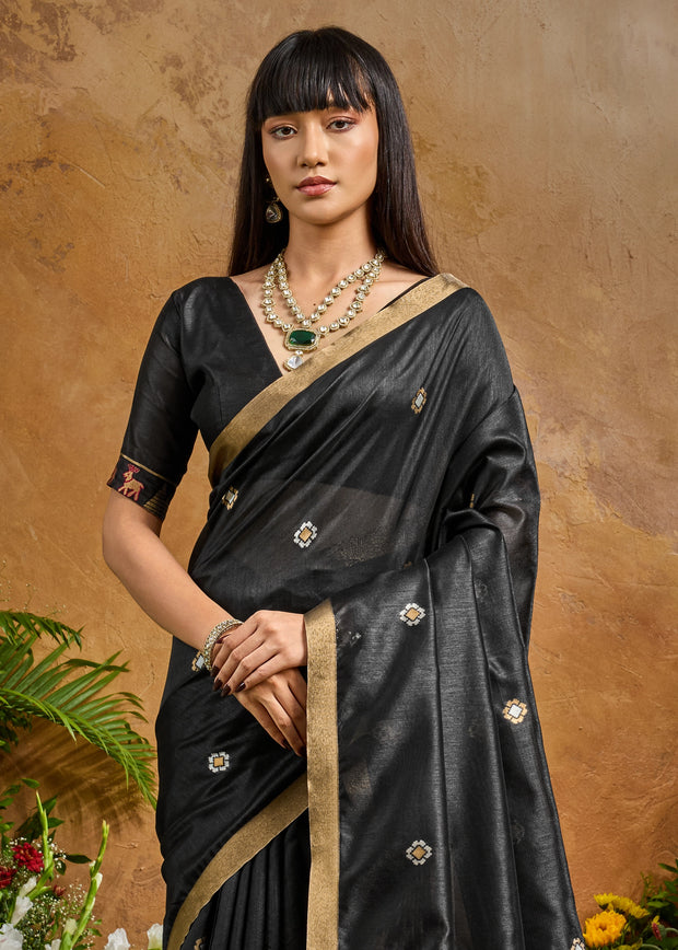 Midnight Black Woven Banarasi Silk Saree