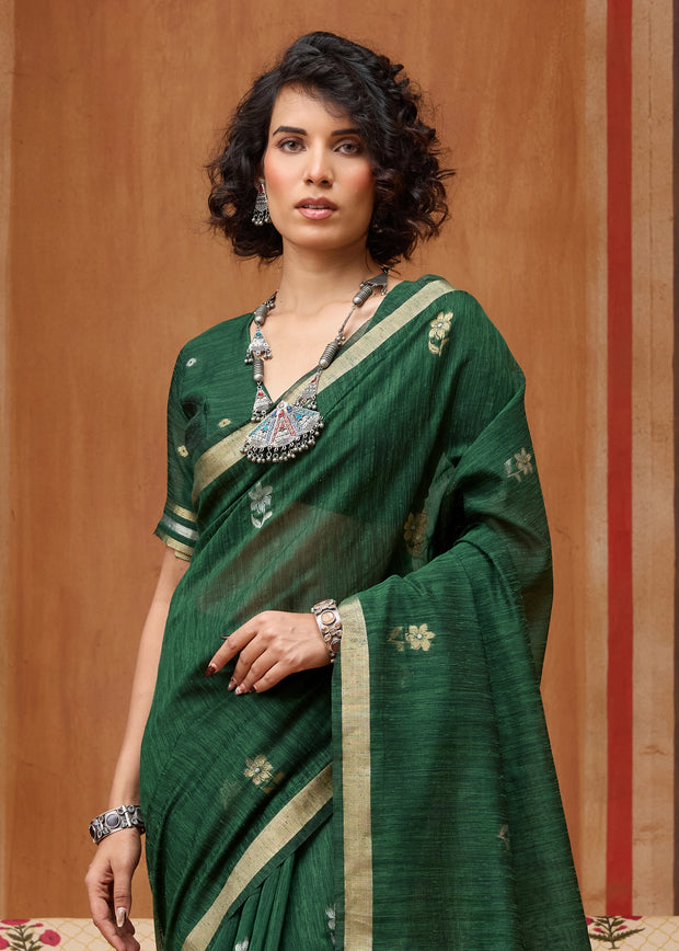 Forest Green Woven Cotton Silk Saree