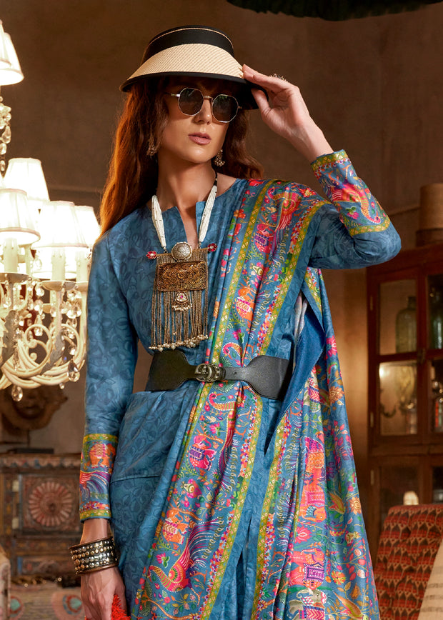 Mariuna Blue Madhubani Printed Saree