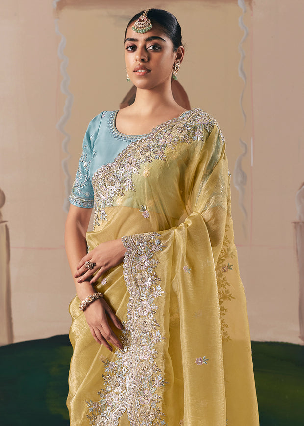 Pastel Yellow Embroidered Designer Saree