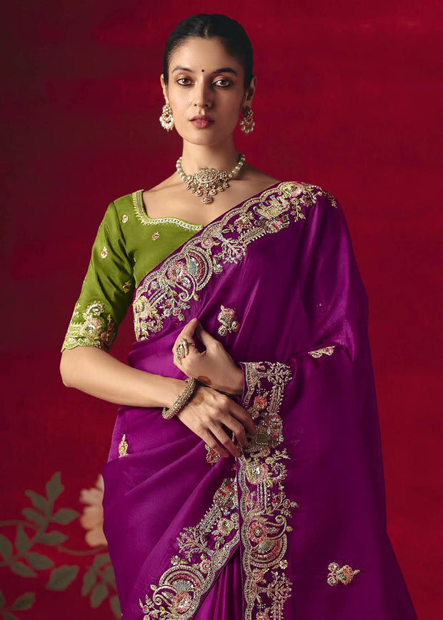 Berry Purple Designer Embroidered Saree