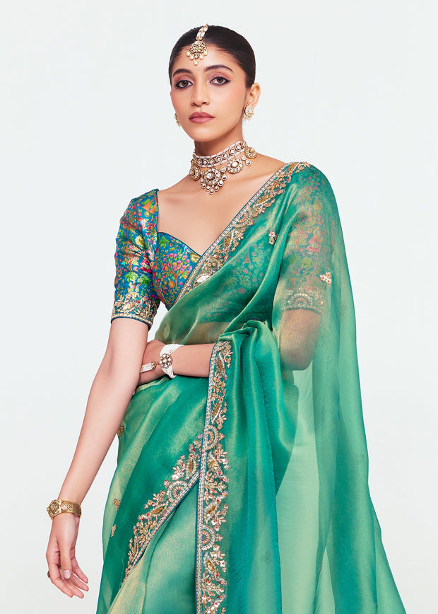 Sea Green Designer Embroidered Tissue Saree