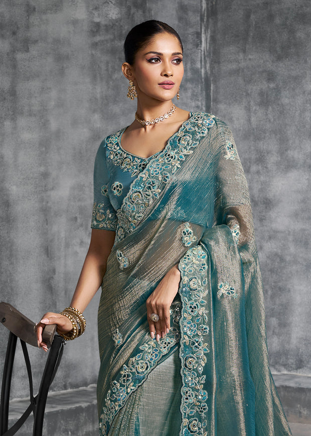 Teal Blue Embroidered Tissue Silk Saree