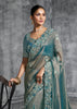 Teal Blue Embroidered Tissue Silk Saree