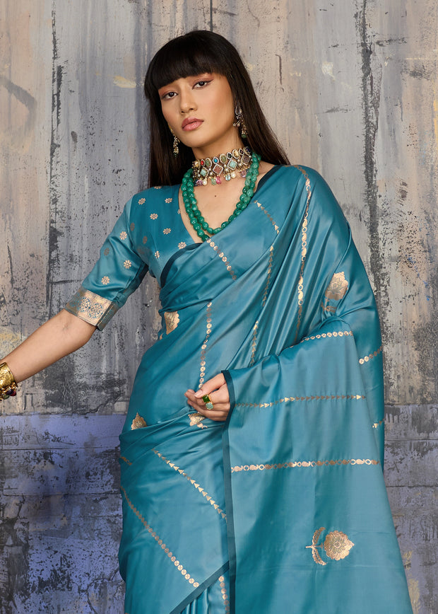 River Blue Woven Banarasi Satin Silk Saree