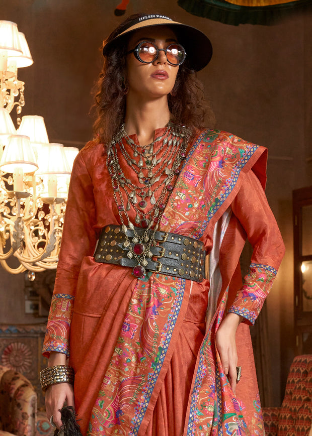 Ginger Red Madhubani Printed Saree
