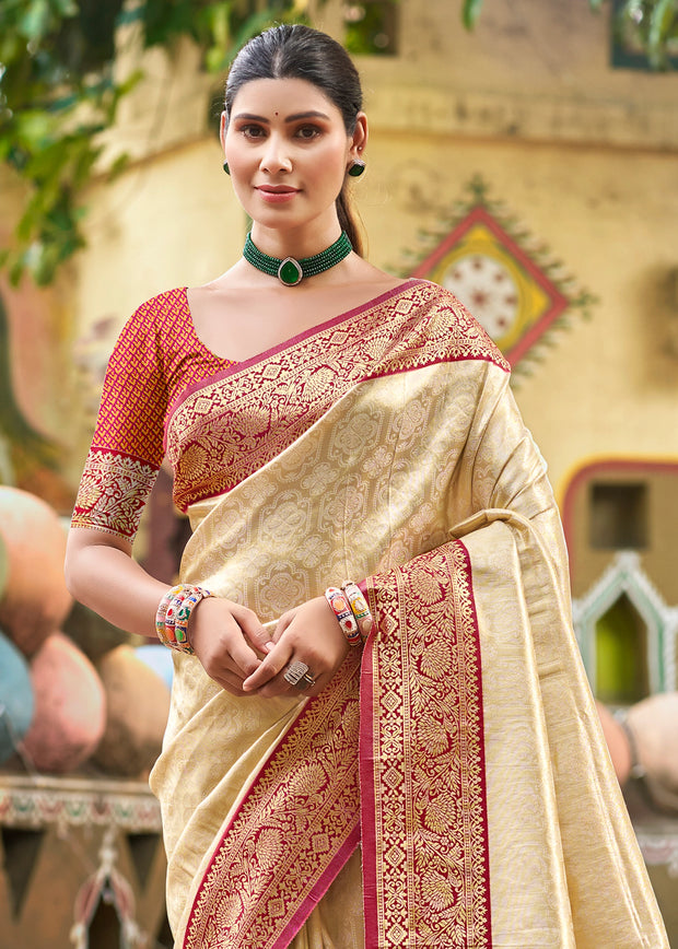 Beige & Red Woven Kanjivaram Silk Saree