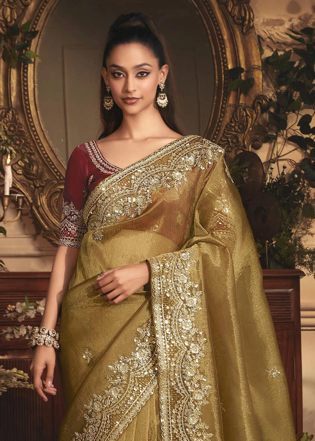 Bronze Green Designer Tissue Organza  Saree
