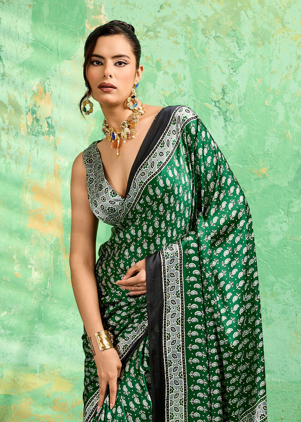 Forest Green Printed Satin Silk Saree
