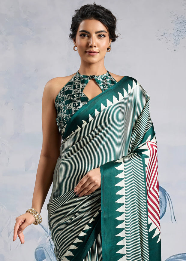 Antique Green Printed Satin Silk Saree