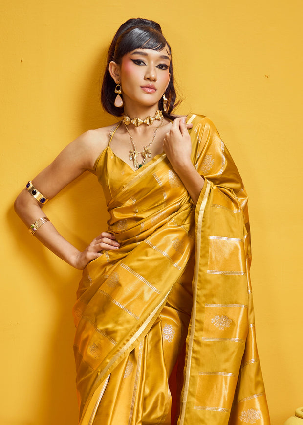 Golden Yellow Woven Banarasi Satin Silk Saree
