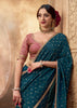 “Exclusive Offer” : Coral Blue Woven Designer Embroidered Silk Saree With Contrast Blouse