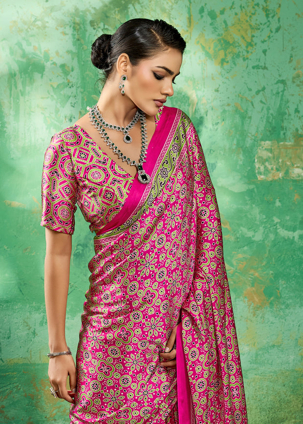 Pink Printed Satin Silk Saree