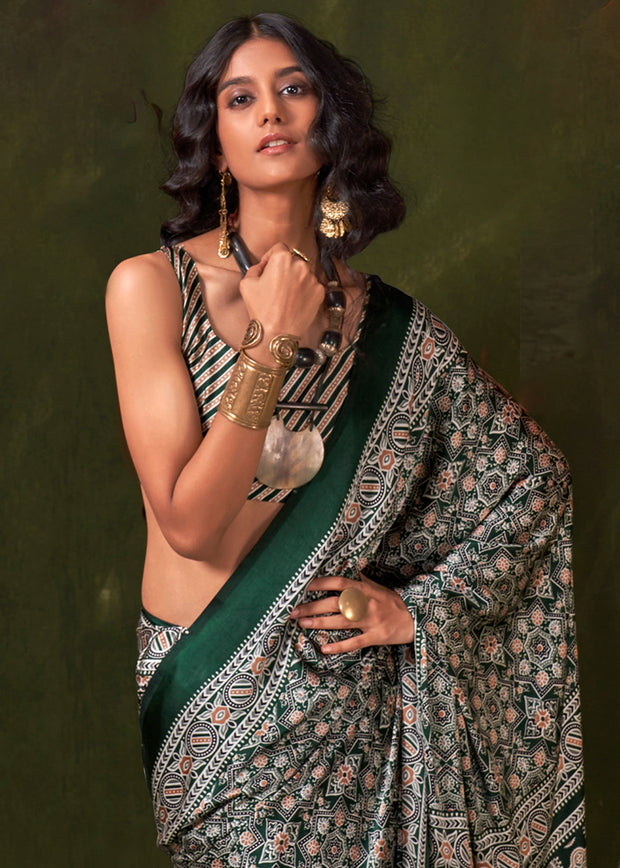 Mallard Green Printed Satin Crepe Silk Saree