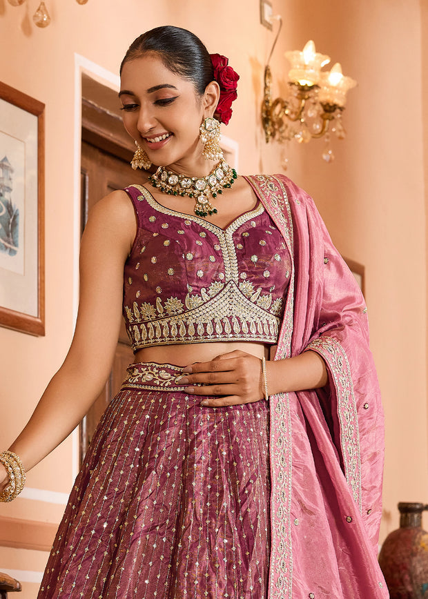 Dry Pink Rose Tissue Silk Embroidered Lehenga