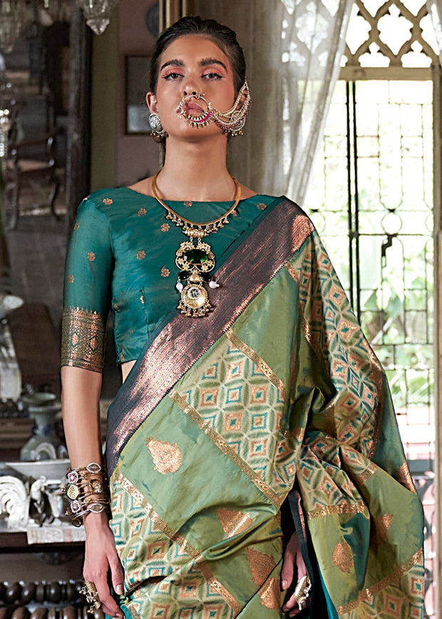 Emerald & Sage Green Dual Tone Bronze Zari Woven Banarasi Silk Saree