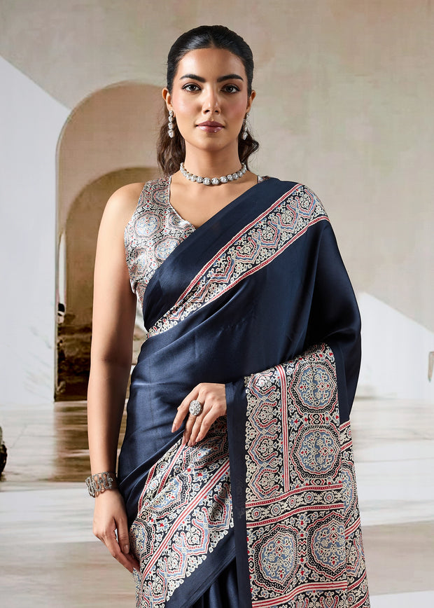 Medieval Blue Printed Satin Silk Saree