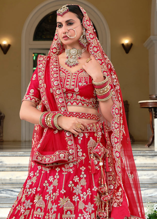 Royal Red Embroidered Silk Bridal Lehenga With Double Dupatta