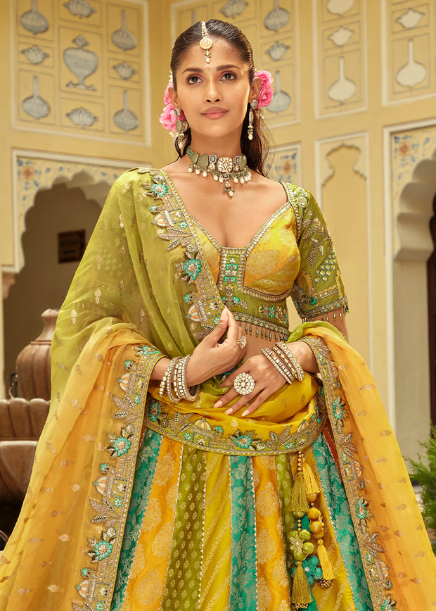 Yellow & Green Embroidered Stitched Designer Lehenga