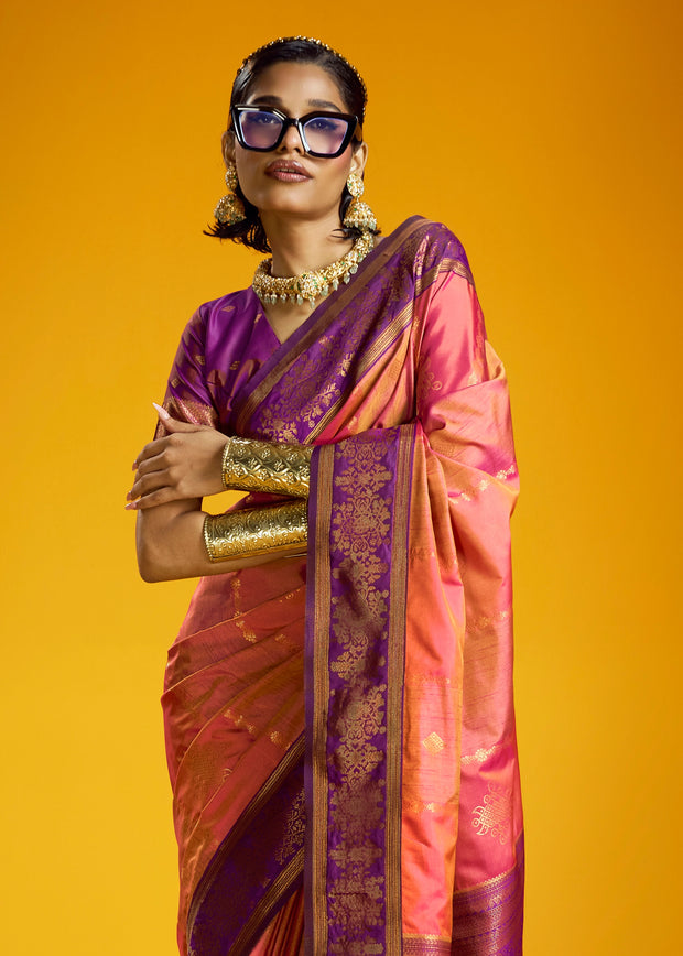 Peach Pink Woven Banarasi Silk Saree