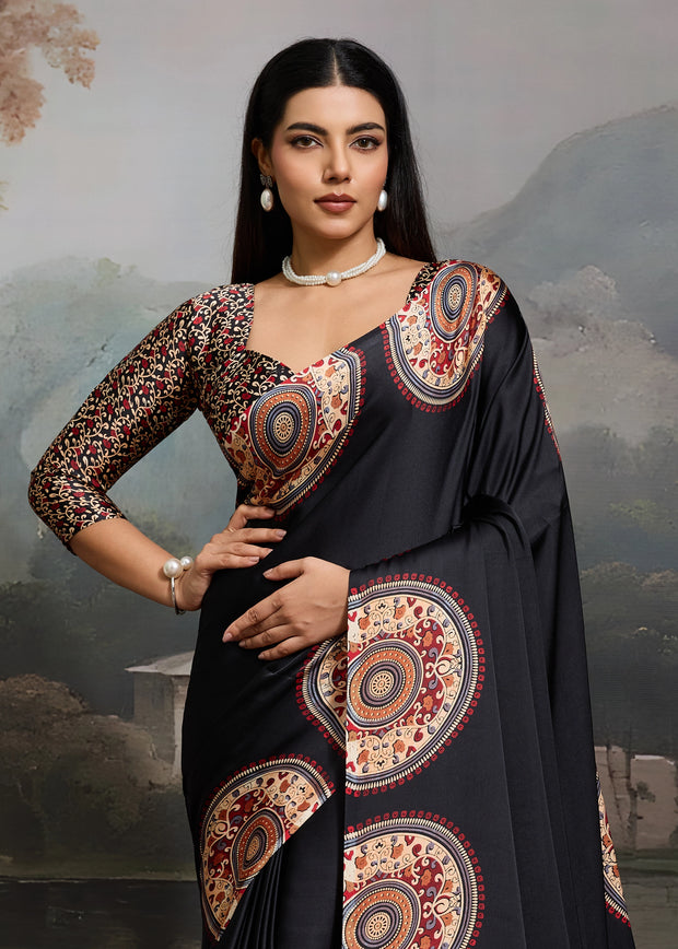 Ink Black Printed Satin Silk Saree