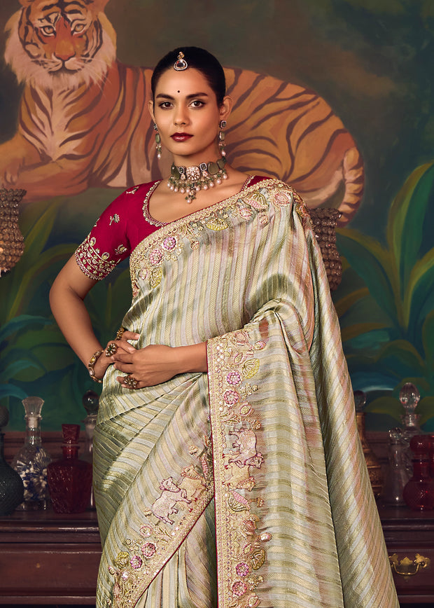 Mist Green Designer Embroidered Saree