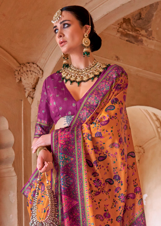 Blazing Orange Printed Kashmiri Jamewar Saree