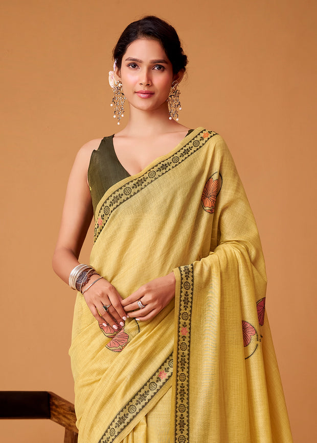 Lemon Yellow Woven Cotton Saree
