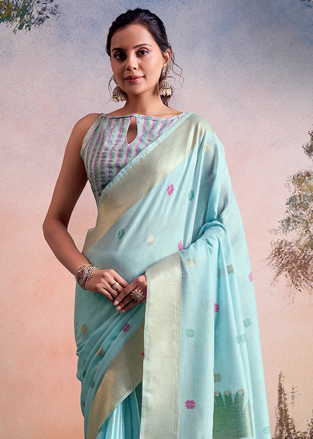 Angel Blue Woven Linen Cotton Silk Saree